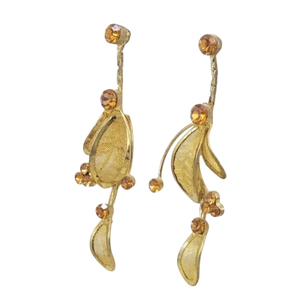 Gold Tone Mesh Long Dangly Floral Earrings Orange Rhinestone Well Made